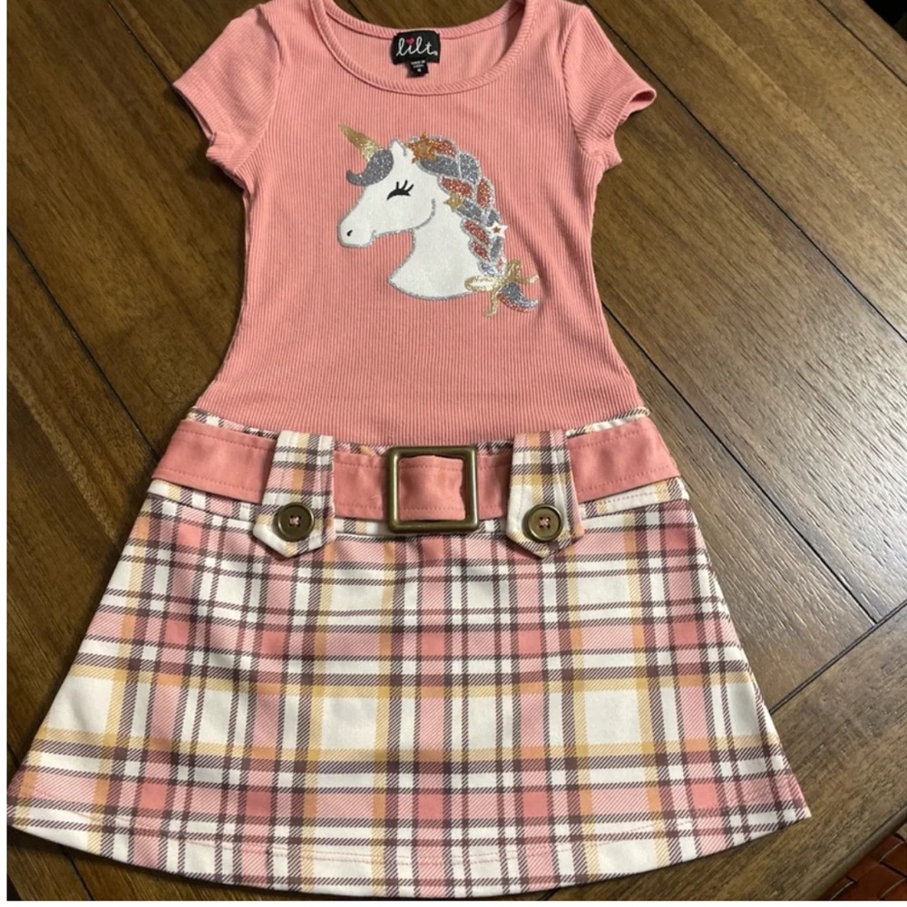 Lilt Shiny Unicorn Dress w Accent Belt Above Plaid Lined Bottom Size 5